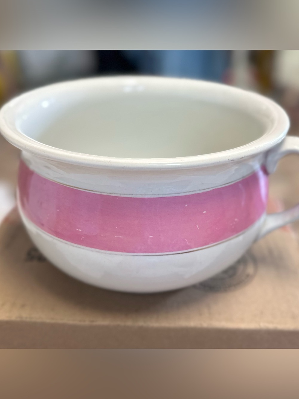 Vintage Ceramic Chamber Pot Ivory Pink Stripe Handle Cottagecore Decor